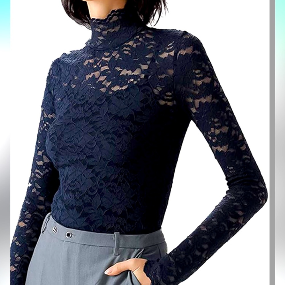 Elegant Navy Lace Turtleneck Top